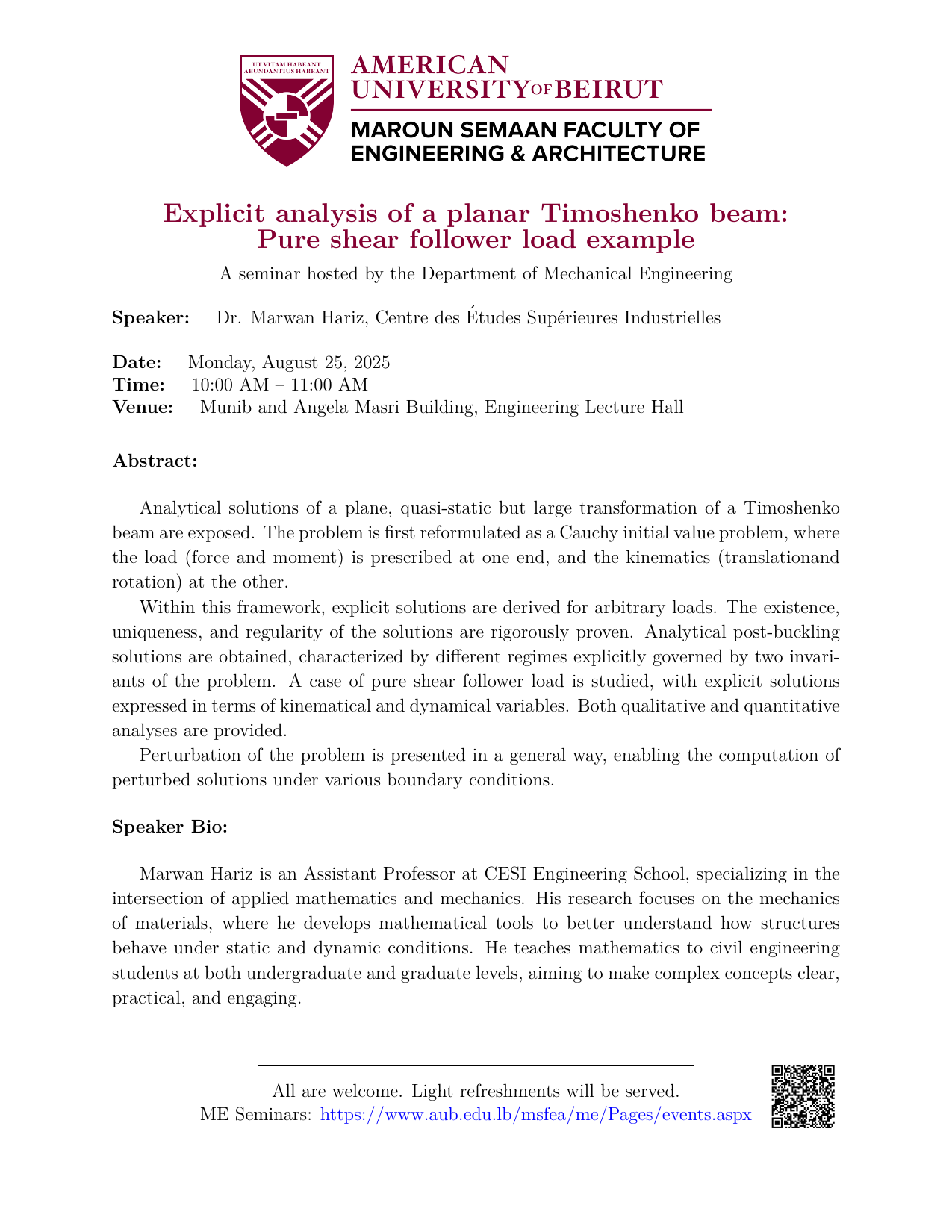 Flyer for Explicit analysis of a planar Timoshenko beam: Pure shear follower load example