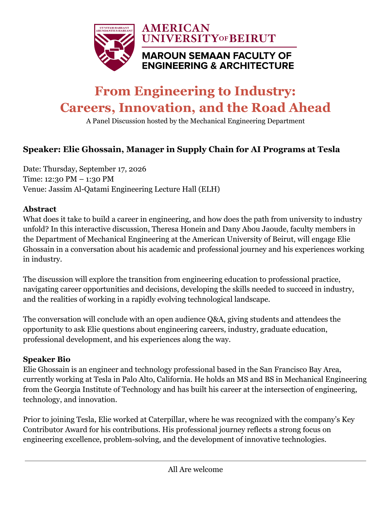 Flyer for From Engineering to Industry: Careers, Innovation, and the Road Ahead
